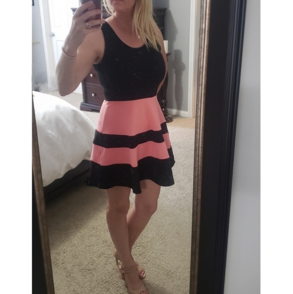Black and Coral Fit and Flare Dress